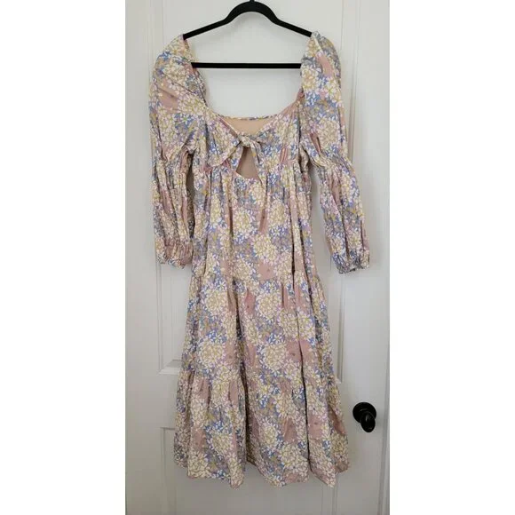 STORIA Floral Puff Sleeve Midi Dress With Back Tie & Tiered Skirt Women's Sz M - Picture 2 of 8